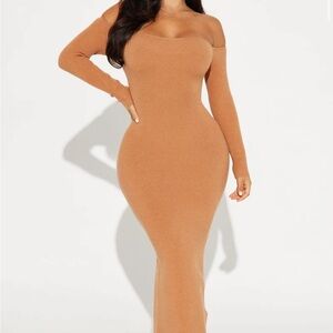Elegant Tan Off-Shoulder knit Dress